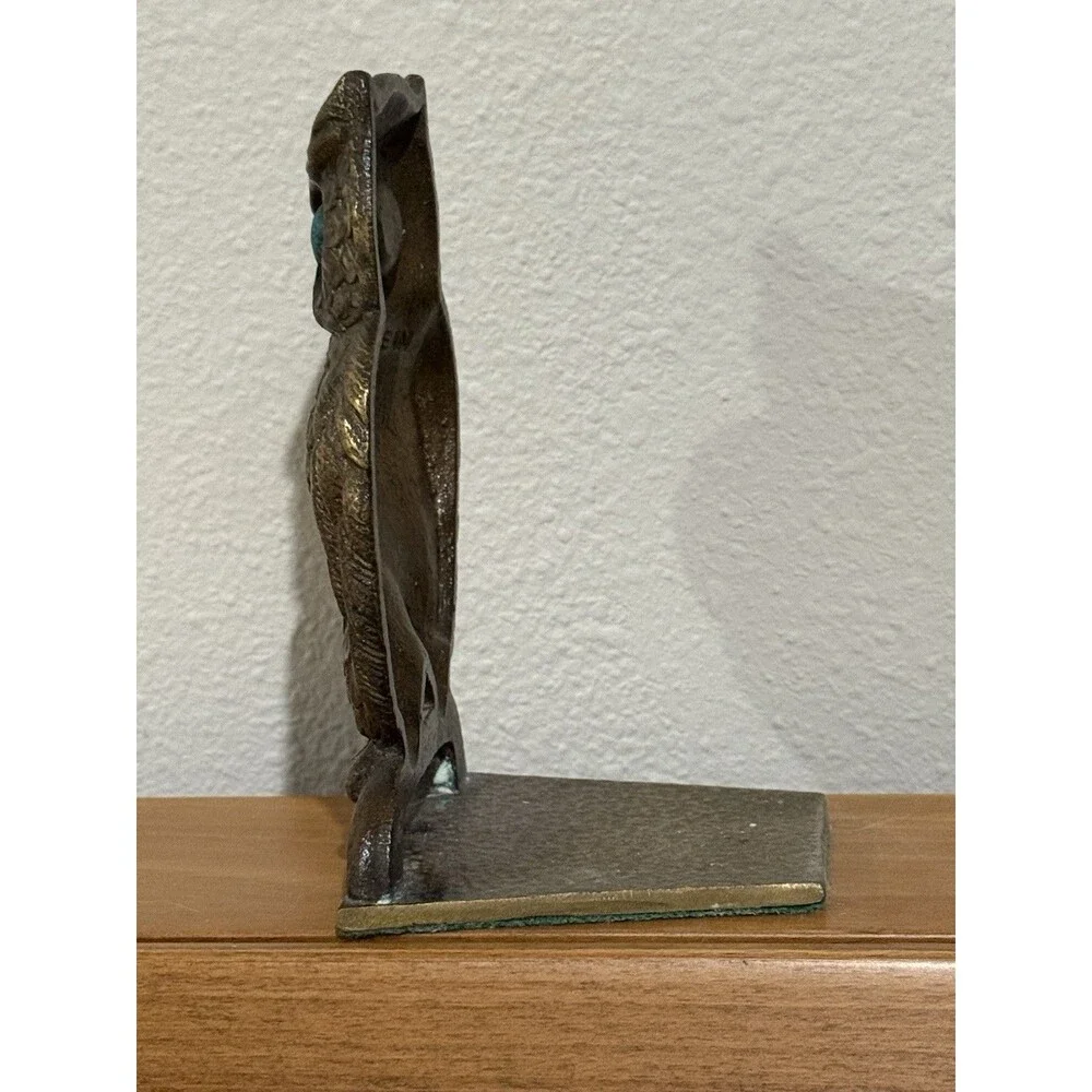 Vintage Owl Bookend Handmade Brass Bluish Green Eyes